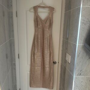 Herve Leger Metallic Gold Midi Dress Classic